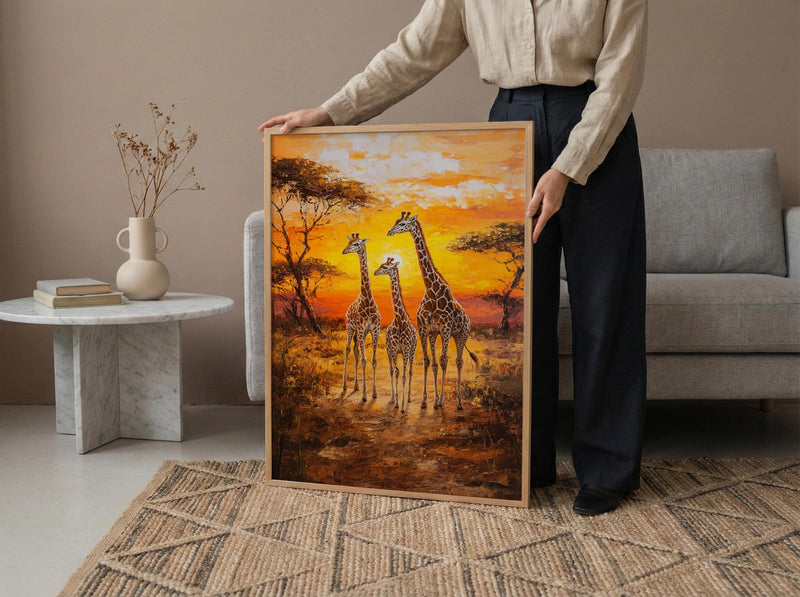 Giraffe Family Oil Painting Poster, Safari Nursery Wall Art, African Wildlife Print, Savanna Sunset Decor, Impasto Art Print
