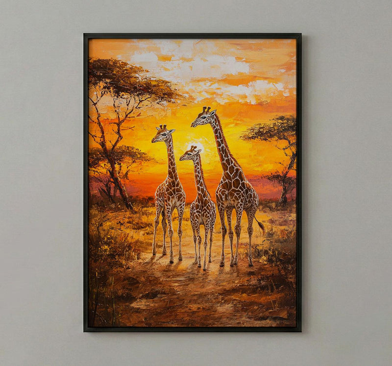 Giraffe Family Oil Painting Poster, Safari Nursery Wall Art, African Wildlife Print, Savanna Sunset Decor, Impasto Art Print