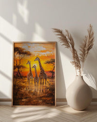 Giraffe Family Oil Painting Poster, Safari Nursery Wall Art, African Wildlife Print, Savanna Sunset Decor, Impasto Art Print