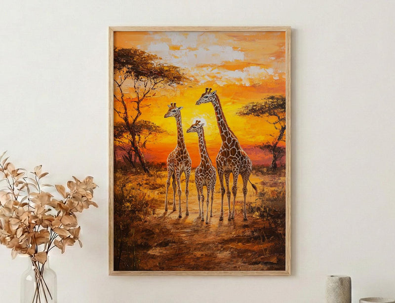 Giraffe Family Oil Painting Poster, Safari Nursery Wall Art, African Wildlife Print, Savanna Sunset Decor, Impasto Art Print
