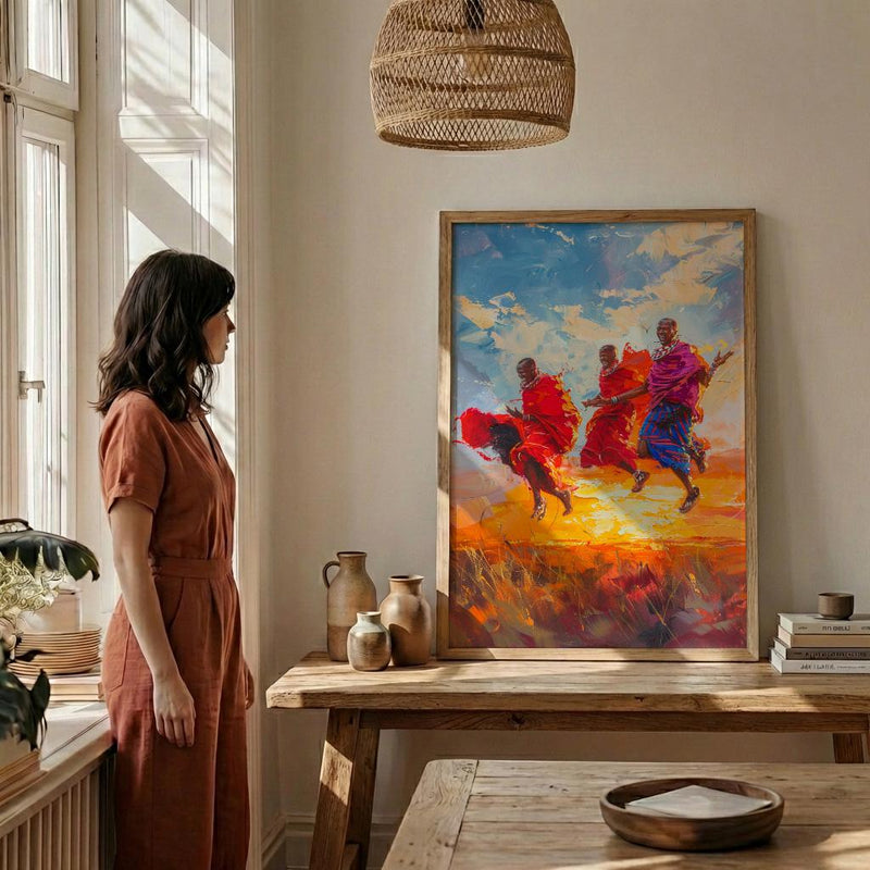 Maasai Warriors Oil Painting Poster, African Dance Art Print, Tribal Jumping Men, Red Shuka Wall Art, Impasto Style Cultural Decor