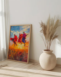 Maasai Warriors Oil Painting Poster, African Dance Art Print, Tribal Jumping Men, Red Shuka Wall Art, Impasto Style Cultural Decor
