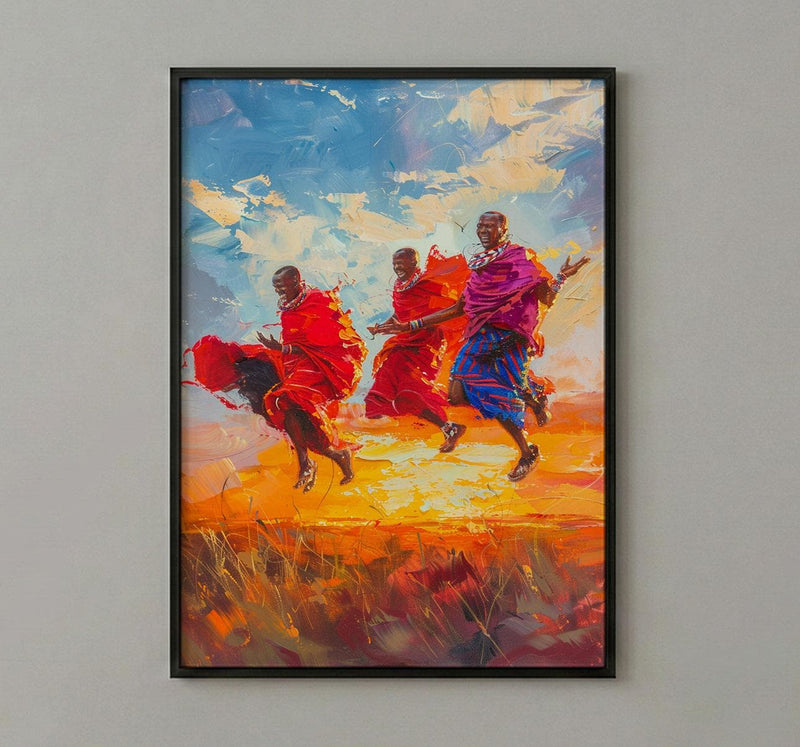 Maasai Warriors Oil Painting Poster, African Dance Art Print, Tribal Jumping Men, Red Shuka Wall Art, Impasto Style Cultural Decor