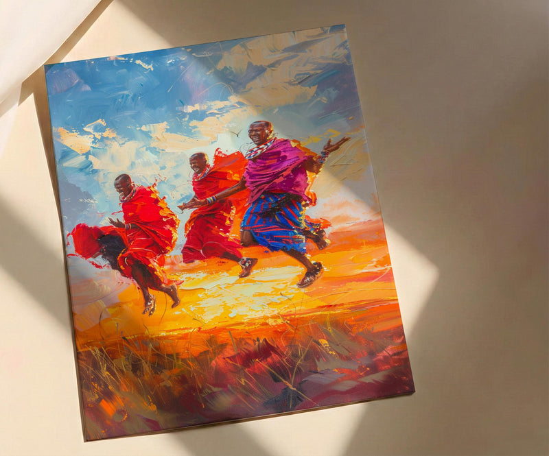 Maasai Warriors Oil Painting Poster, African Dance Art Print, Tribal Jumping Men, Red Shuka Wall Art, Impasto Style Cultural Decor