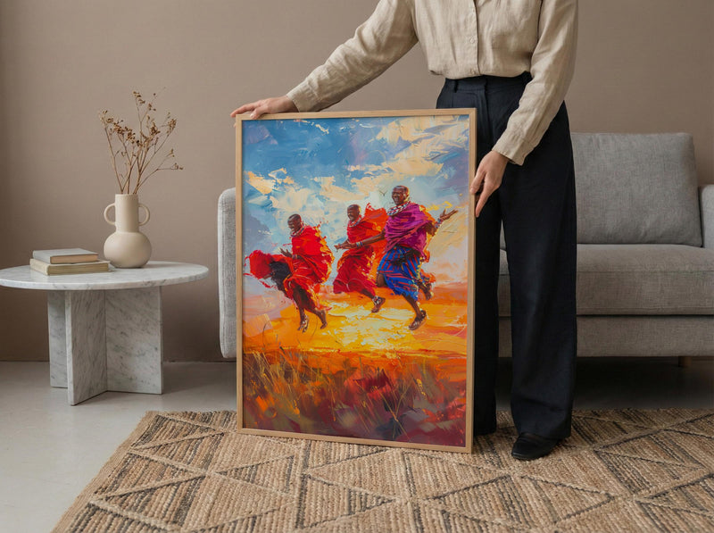 Maasai Warriors Oil Painting Poster, African Dance Art Print, Tribal Jumping Men, Red Shuka Wall Art, Impasto Style Cultural Decor