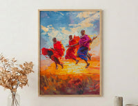 Maasai Warriors Oil Painting Poster, African Dance Art Print, Tribal Jumping Men, Red Shuka Wall Art, Impasto Style Cultural Decor