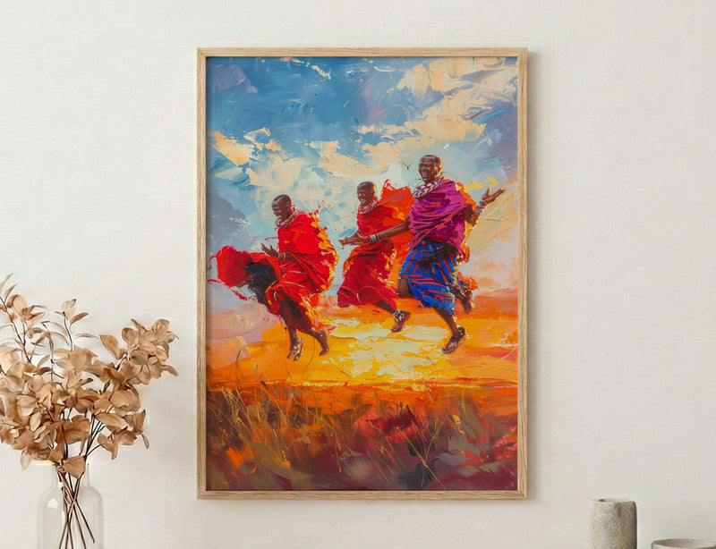 Maasai Warriors Oil Painting Poster, African Dance Art Print, Tribal Jumping Men, Red Shuka Wall Art, Impasto Style Cultural Decor