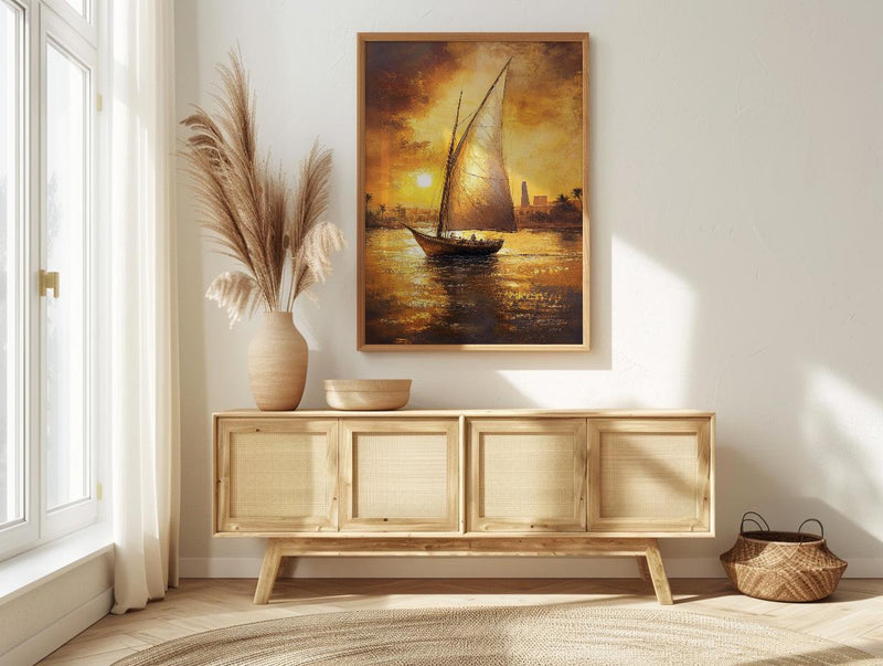 African Sailboat Oil Painting Poster, Nile River Felucca Art Print, Golden Sunset Boat Wall Art, Nautical Coastal Decor, Impasto Style