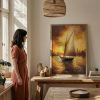 African Sailboat Oil Painting Poster, Nile River Felucca Art Print, Golden Sunset Boat Wall Art, Nautical Coastal Decor, Impasto Style