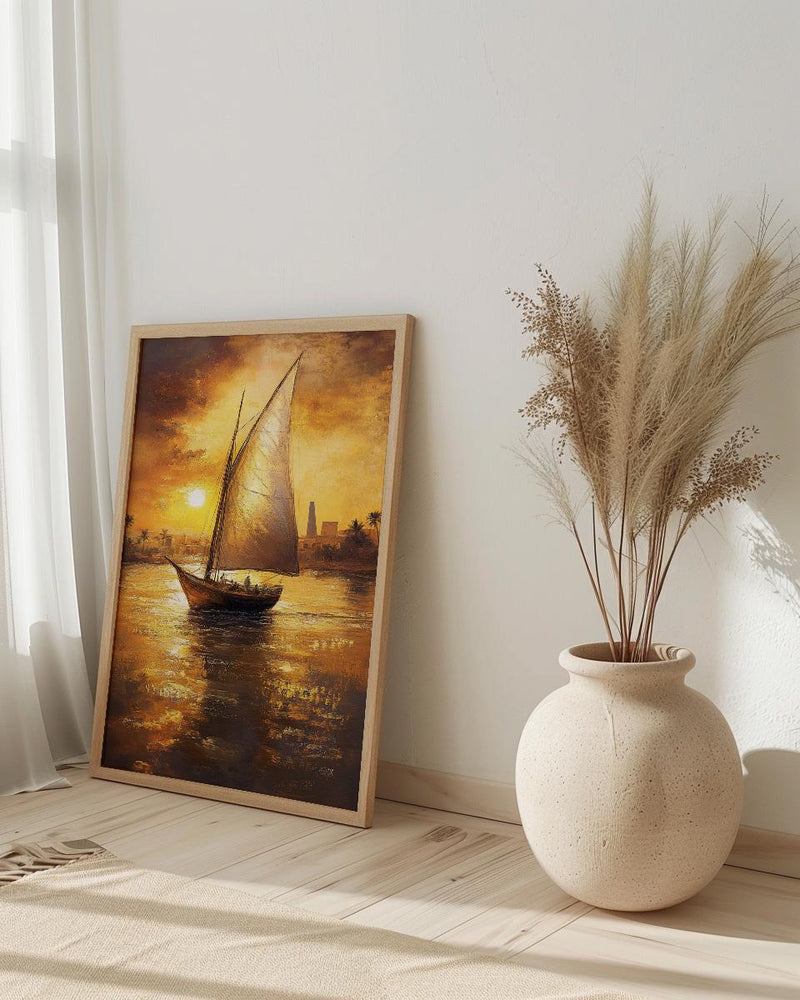 African Sailboat Oil Painting Poster, Nile River Felucca Art Print, Golden Sunset Boat Wall Art, Nautical Coastal Decor, Impasto Style