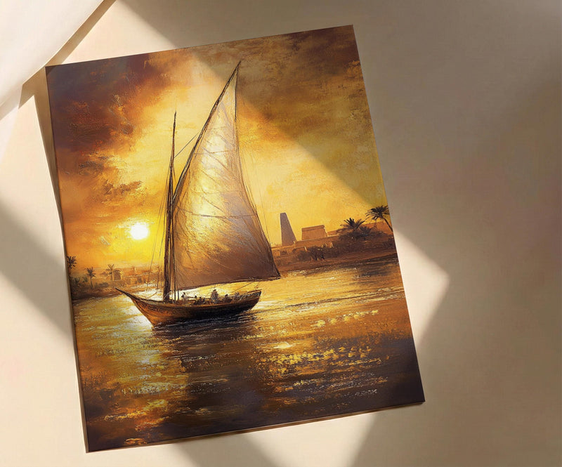 African Sailboat Oil Painting Poster, Nile River Felucca Art Print, Golden Sunset Boat Wall Art, Nautical Coastal Decor, Impasto Style