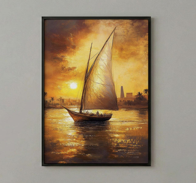 African Sailboat Oil Painting Poster, Nile River Felucca Art Print, Golden Sunset Boat Wall Art, Nautical Coastal Decor, Impasto Style