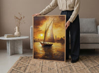 African Sailboat Oil Painting Poster, Nile River Felucca Art Print, Golden Sunset Boat Wall Art, Nautical Coastal Decor, Impasto Style