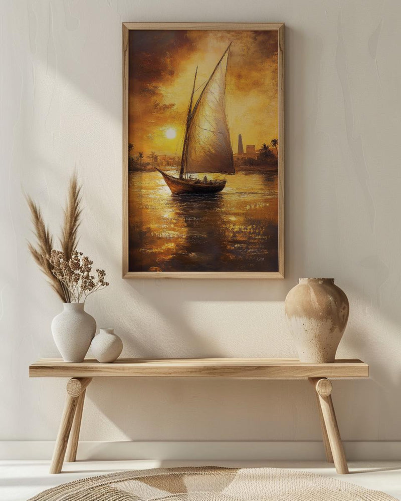 African Sailboat Oil Painting Poster, Nile River Felucca Art Print, Golden Sunset Boat Wall Art, Nautical Coastal Decor, Impasto Style