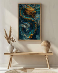 Japanese Golden Dragon Oil Painting Poster, Teal Sea Waves Art Print, Mythological Asian Wall Art, Luxury Gold Decor, Impasto Masterpiece
