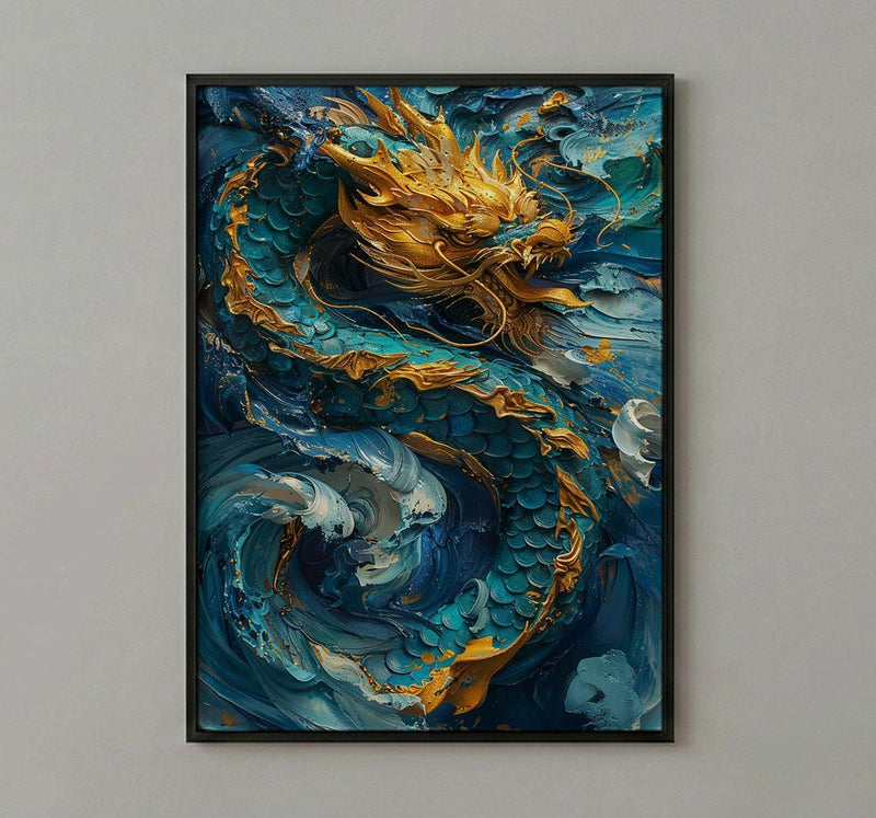 Japanese Golden Dragon Oil Painting Poster, Teal Sea Waves Art Print, Mythological Asian Wall Art, Luxury Gold Decor, Impasto Masterpiece
