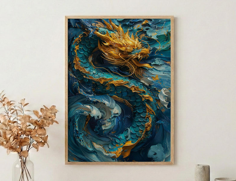 Japanese Golden Dragon Oil Painting Poster, Teal Sea Waves Art Print, Mythological Asian Wall Art, Luxury Gold Decor, Impasto Masterpiece