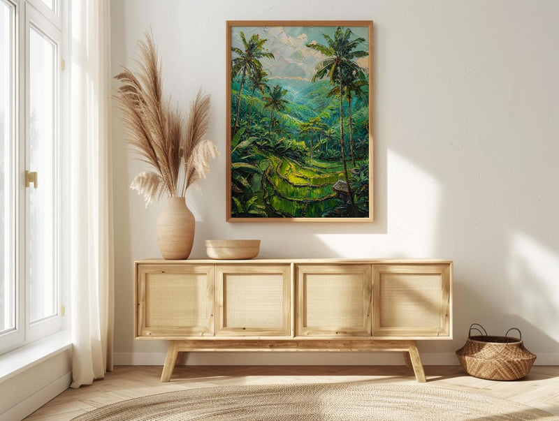 Bali Rice Terrace Oil Painting Poster, Ubud Jungle Art Print, Tropical Palm Tree Wall Art, Indonesia Travel Decor, Impasto Nature Landscape