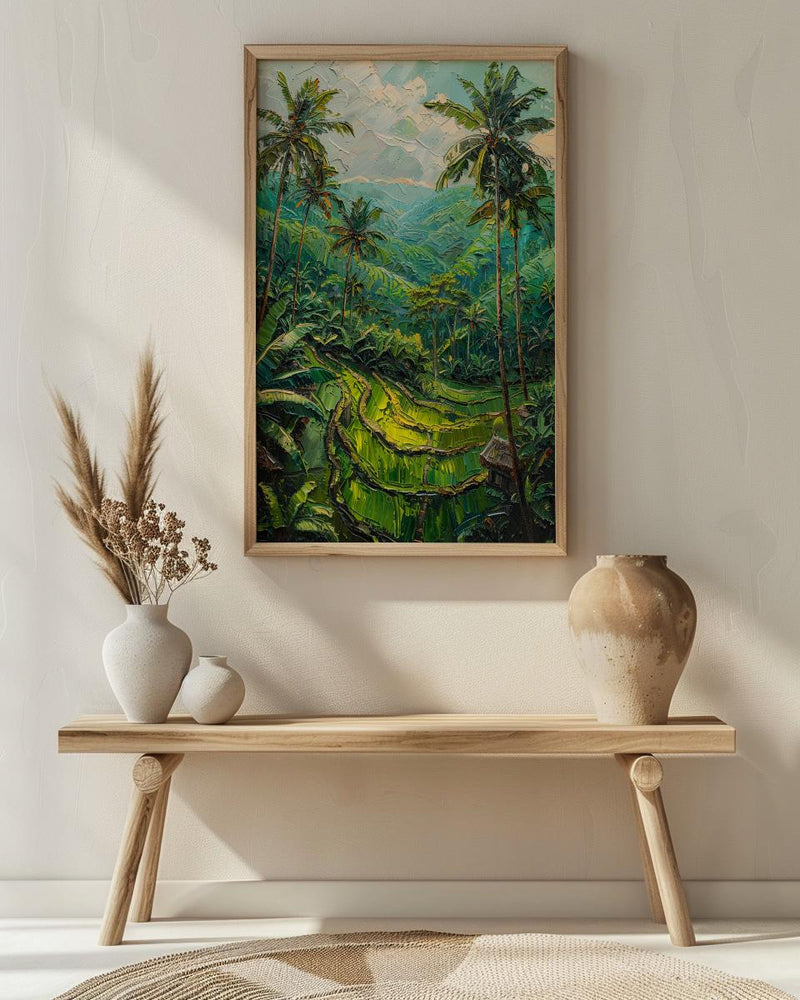 Bali Rice Terrace Oil Painting Poster, Ubud Jungle Art Print, Tropical Palm Tree Wall Art, Indonesia Travel Decor, Impasto Nature Landscape