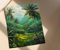 Bali Rice Terrace Oil Painting Poster, Ubud Jungle Art Print, Tropical Palm Tree Wall Art, Indonesia Travel Decor, Impasto Nature Landscape