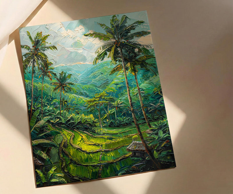 Bali Rice Terrace Oil Painting Poster, Ubud Jungle Art Print, Tropical Palm Tree Wall Art, Indonesia Travel Decor, Impasto Nature Landscape