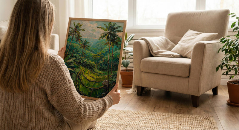 Bali Rice Terrace Oil Painting Poster, Ubud Jungle Art Print, Tropical Palm Tree Wall Art, Indonesia Travel Decor, Impasto Nature Landscape