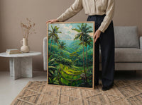 Bali Rice Terrace Oil Painting Poster, Ubud Jungle Art Print, Tropical Palm Tree Wall Art, Indonesia Travel Decor, Impasto Nature Landscape