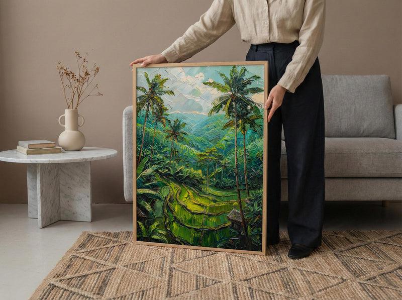 Bali Rice Terrace Oil Painting Poster, Ubud Jungle Art Print, Tropical Palm Tree Wall Art, Indonesia Travel Decor, Impasto Nature Landscape