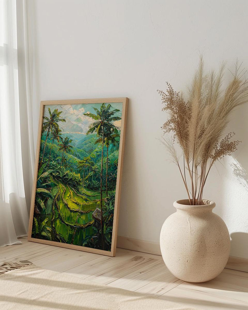 Bali Rice Terrace Oil Painting Poster, Ubud Jungle Art Print, Tropical Palm Tree Wall Art, Indonesia Travel Decor, Impasto Nature Landscape