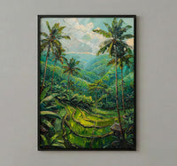 Bali Rice Terrace Oil Painting Poster, Ubud Jungle Art Print, Tropical Palm Tree Wall Art, Indonesia Travel Decor, Impasto Nature Landscape