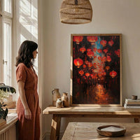 Red Chinese Lanterns Oil Painting Poster, Asian Festival Night Art Print, Mystical Street Wall Art, Lunar New Year Decor, Impasto Glow