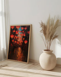 Red Chinese Lanterns Oil Painting Poster, Asian Festival Night Art Print, Mystical Street Wall Art, Lunar New Year Decor, Impasto Glow
