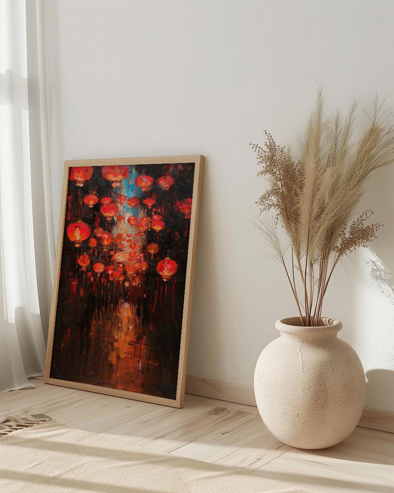 Red Chinese Lanterns Oil Painting Poster, Asian Festival Night Art Print, Mystical Street Wall Art, Lunar New Year Decor, Impasto Glow