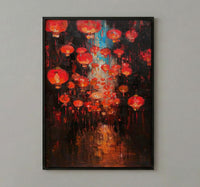 Red Chinese Lanterns Oil Painting Poster, Asian Festival Night Art Print, Mystical Street Wall Art, Lunar New Year Decor, Impasto Glow