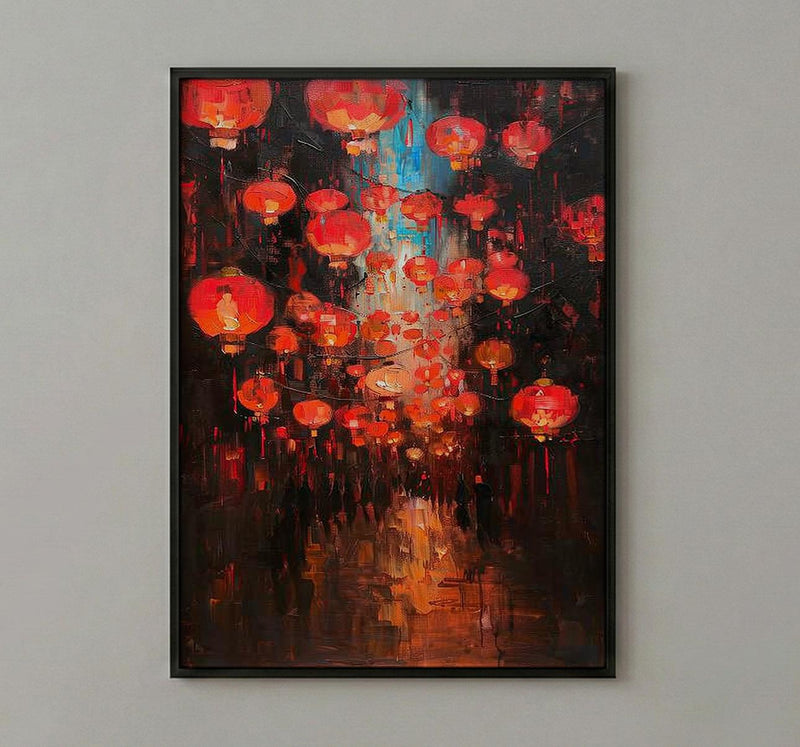 Red Chinese Lanterns Oil Painting Poster, Asian Festival Night Art Print, Mystical Street Wall Art, Lunar New Year Decor, Impasto Glow