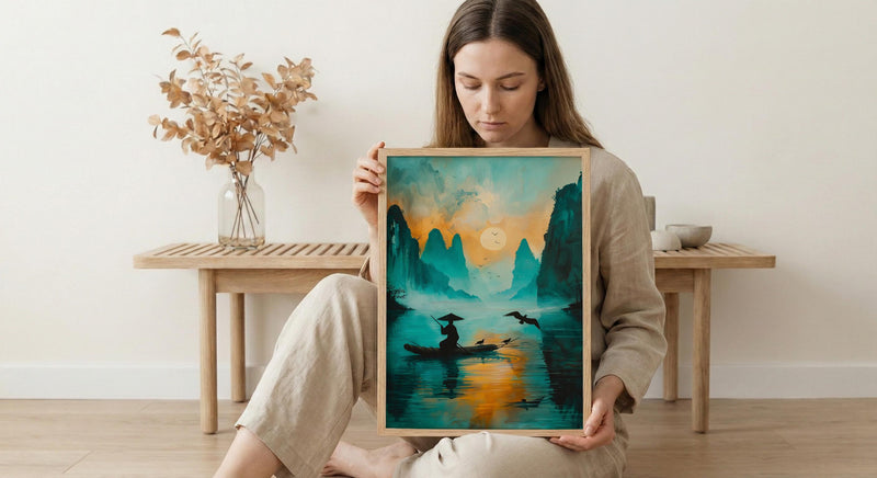 Chinese Li River Oil Painting Poster, Guilin Landscape Art Print, Fisherman on Boat, Zen Asian Nature Decor, Impasto Teal Wall Art