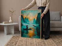 Chinese Li River Oil Painting Poster, Guilin Landscape Art Print, Fisherman on Boat, Zen Asian Nature Decor, Impasto Teal Wall Art