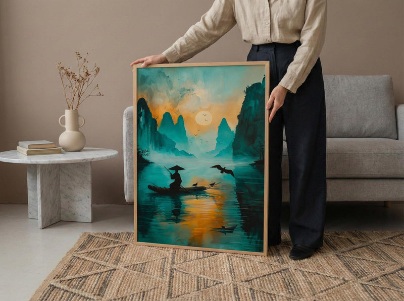 Chinese Li River Oil Painting Poster, Guilin Landscape Art Print, Fisherman on Boat, Zen Asian Nature Decor, Impasto Teal Wall Art