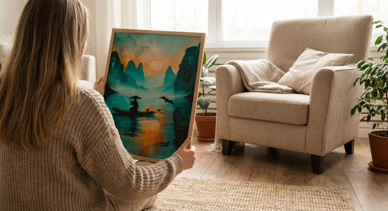 Chinese Li River Oil Painting Poster, Guilin Landscape Art Print, Fisherman on Boat, Zen Asian Nature Decor, Impasto Teal Wall Art