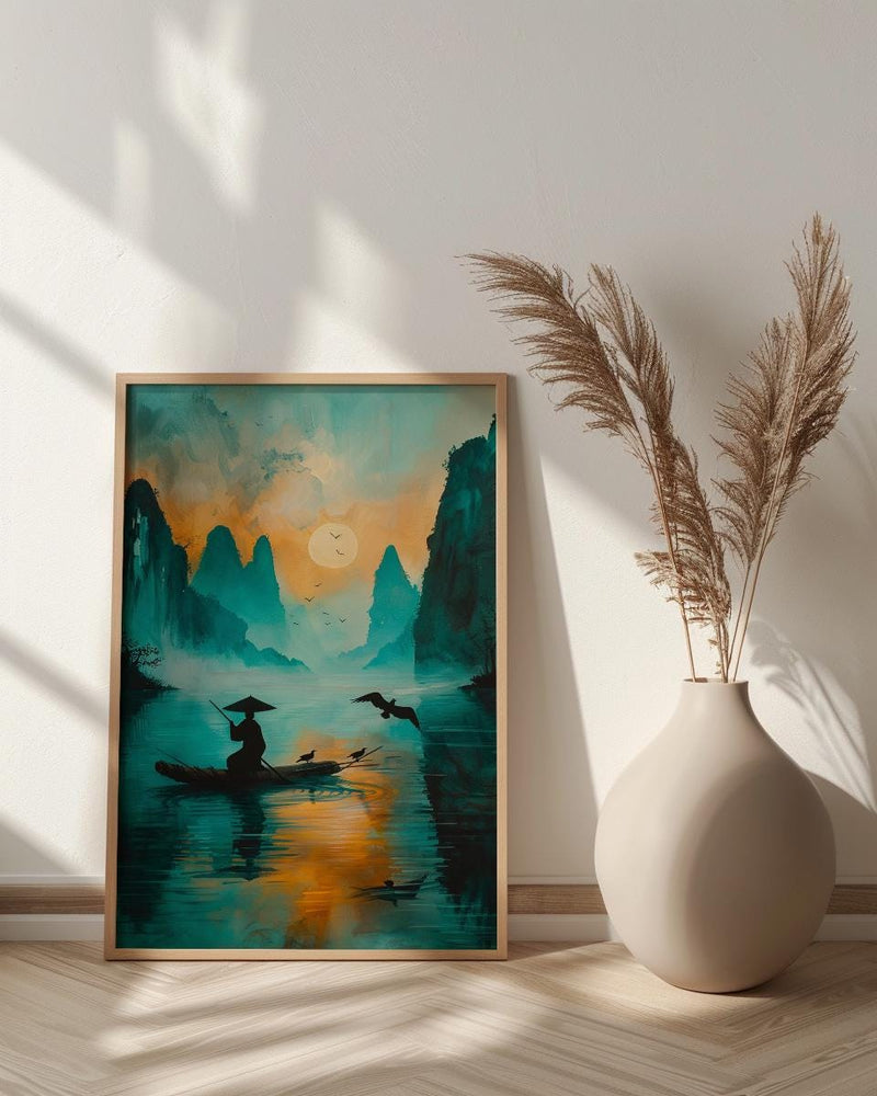 Chinese Li River Oil Painting Poster, Guilin Landscape Art Print, Fisherman on Boat, Zen Asian Nature Decor, Impasto Teal Wall Art