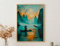 Chinese Li River Oil Painting Poster, Guilin Landscape Art Print, Fisherman on Boat, Zen Asian Nature Decor, Impasto Teal Wall Art
