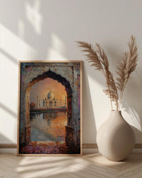 Taj Mahal Oil Painting Poster, India Wall Art, Agra Archway Art Print, Sunset Architecture, Romantic Travel Decor, Impasto Style