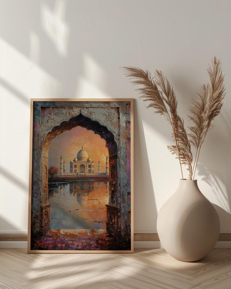 Taj Mahal Oil Painting Poster, India Wall Art, Agra Archway Art Print, Sunset Architecture, Romantic Travel Decor, Impasto Style