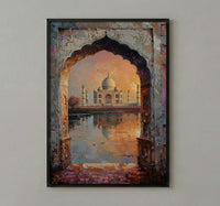 Taj Mahal Oil Painting Poster, India Wall Art, Agra Archway Art Print, Sunset Architecture, Romantic Travel Decor, Impasto Style