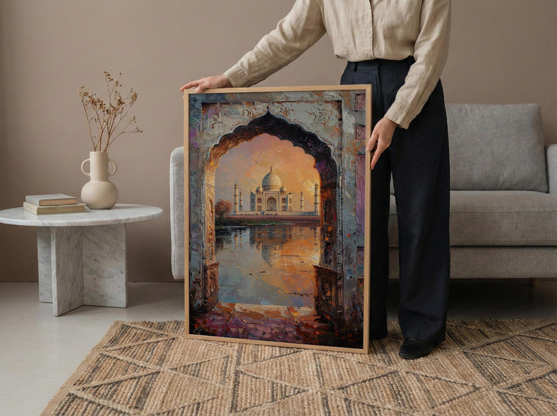 Taj Mahal Oil Painting Poster, India Wall Art, Agra Archway Art Print, Sunset Architecture, Romantic Travel Decor, Impasto Style