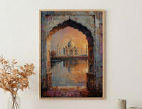 Taj Mahal Oil Painting Poster, India Wall Art, Agra Archway Art Print, Sunset Architecture, Romantic Travel Decor, Impasto Style