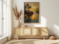 Kerala Houseboat Oil Painting Poster, India Backwaters Art Print, Tropical River Landscape, Sunset Boat Wall Art, Impasto Style Decor
