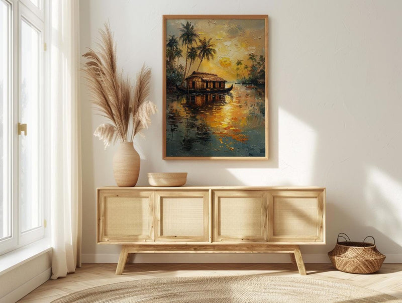 Kerala Houseboat Oil Painting Poster, India Backwaters Art Print, Tropical River Landscape, Sunset Boat Wall Art, Impasto Style Decor