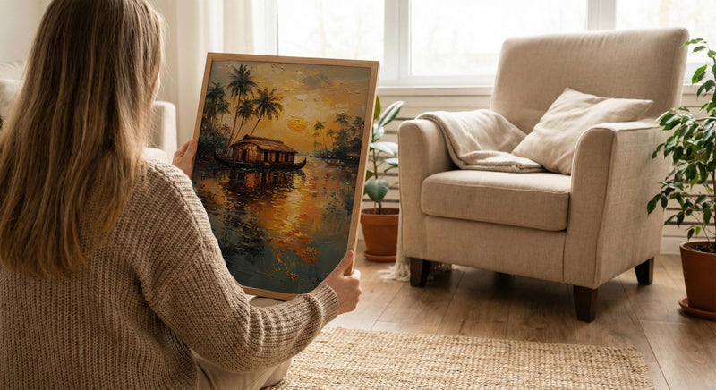 Kerala Houseboat Oil Painting Poster, India Backwaters Art Print, Tropical River Landscape, Sunset Boat Wall Art, Impasto Style Decor