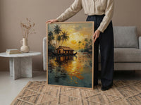 Kerala Houseboat Oil Painting Poster, India Backwaters Art Print, Tropical River Landscape, Sunset Boat Wall Art, Impasto Style Decor